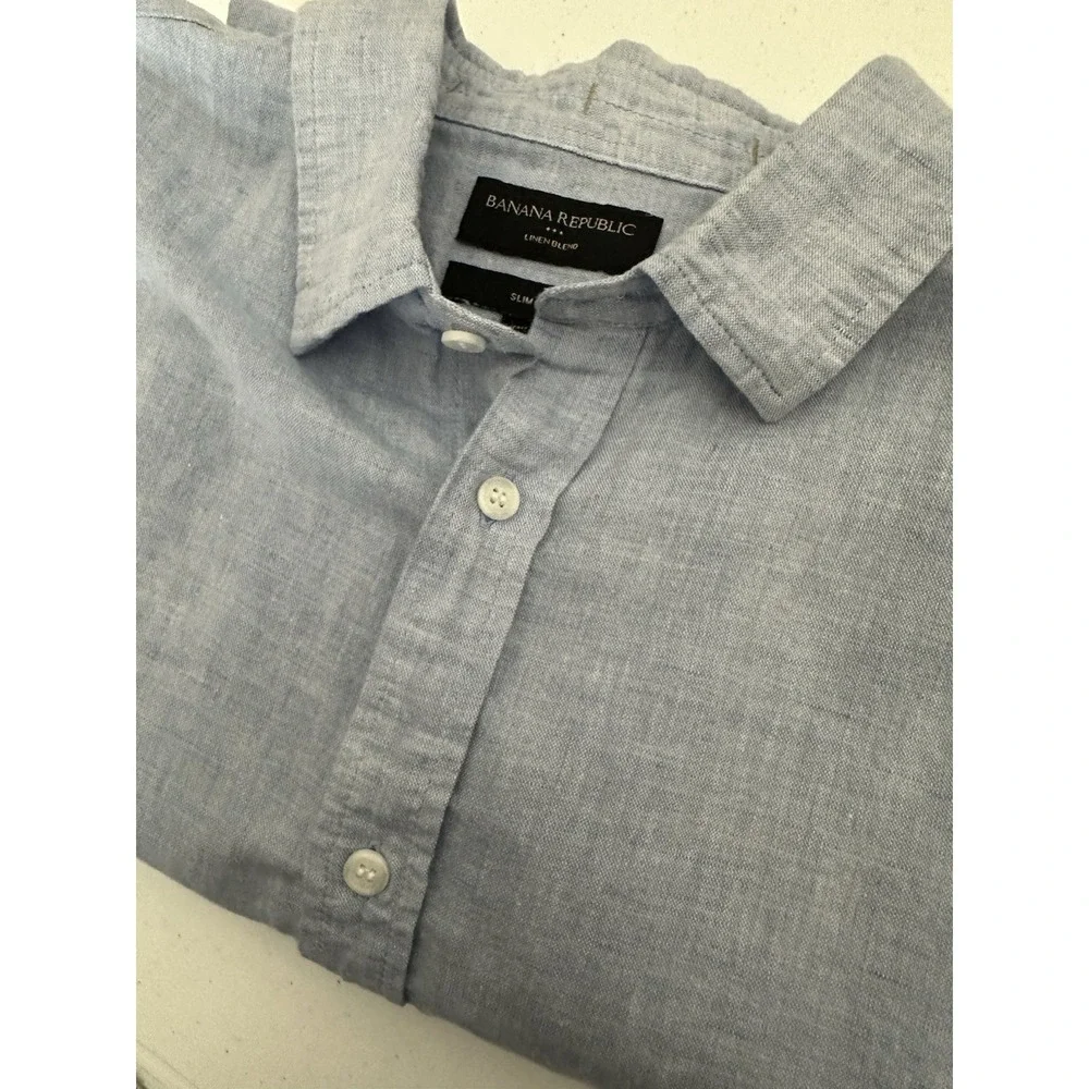Banana Republic Men's L Tall Blue Linen-Cotton Slim Short Sleeve Button-Up Shirt